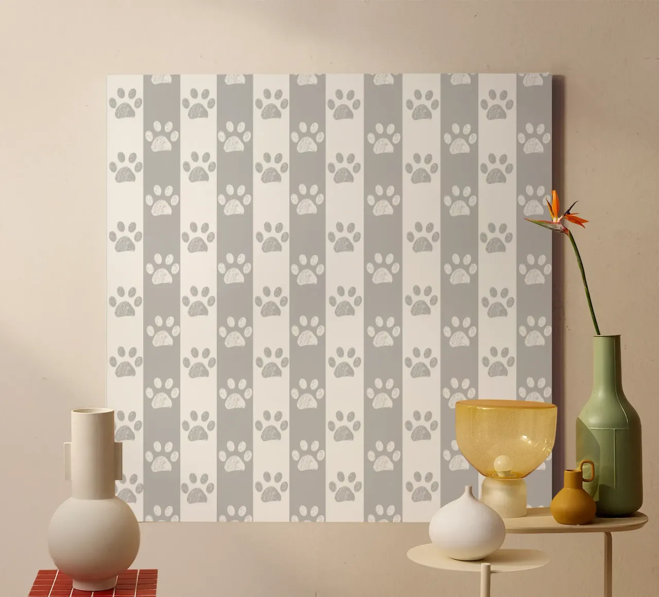 Grey and white stripe pattern with doodle paw print canvas by gulsengunel