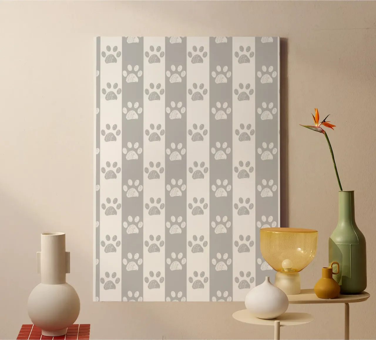 Grey and white stripe pattern with doodle paw print canvas by gulsengunel