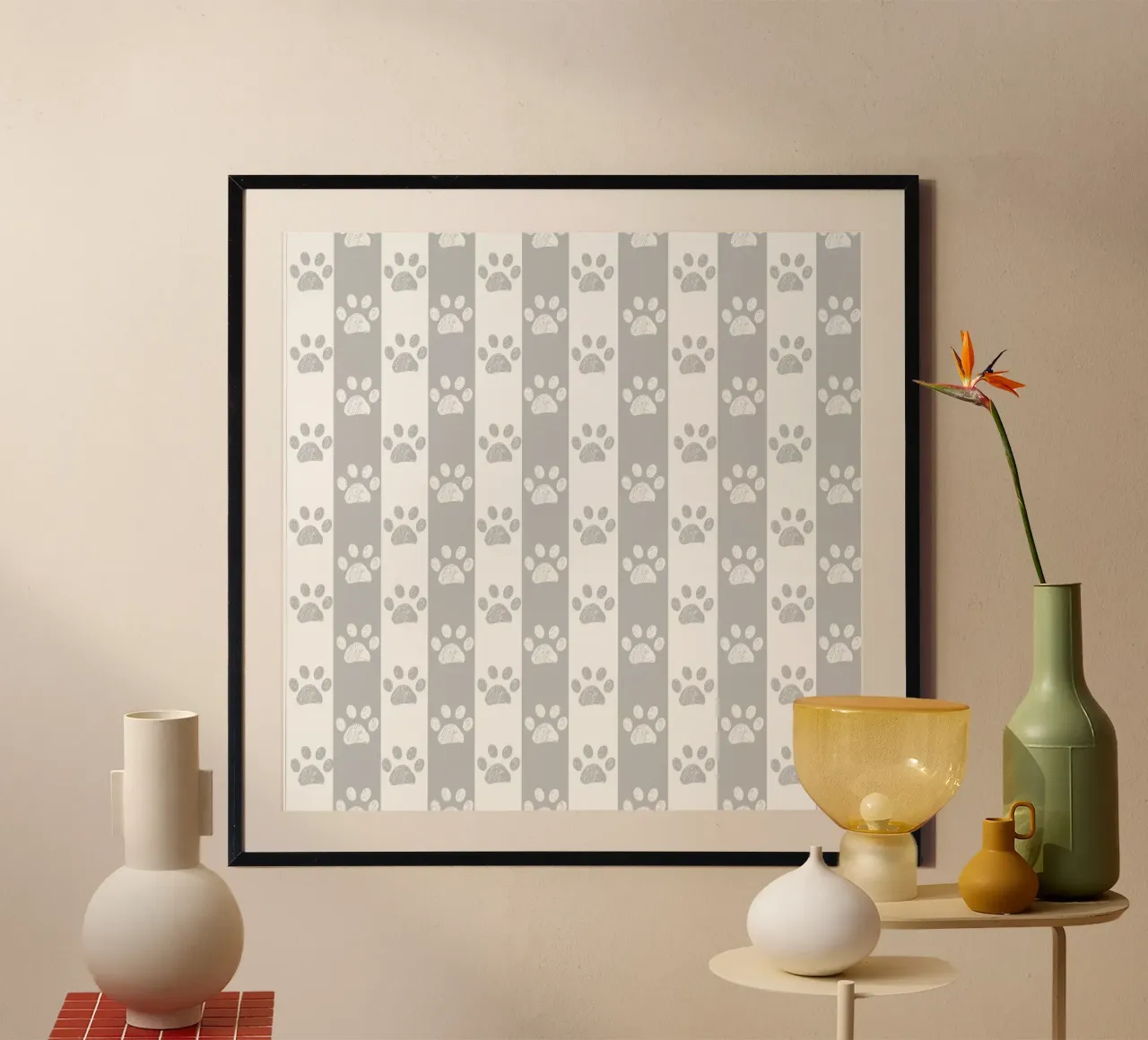 Grey and white stripe pattern with doodle paw print hahnemühle by gulsengunel
