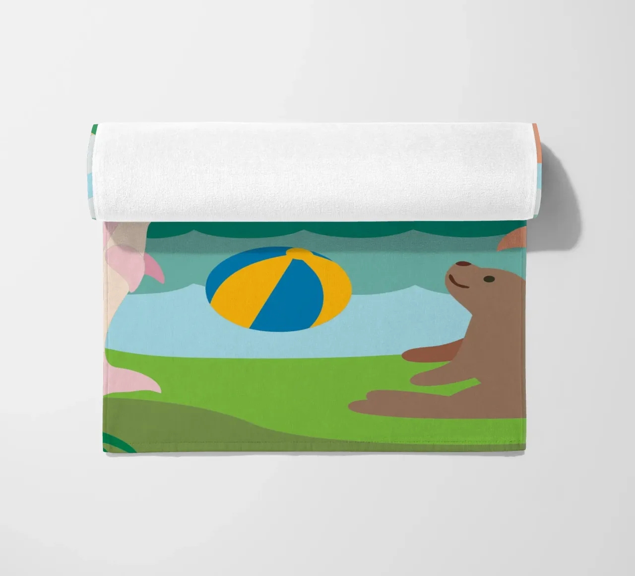Dolphins Play beach towel by CUTE ANIMALS