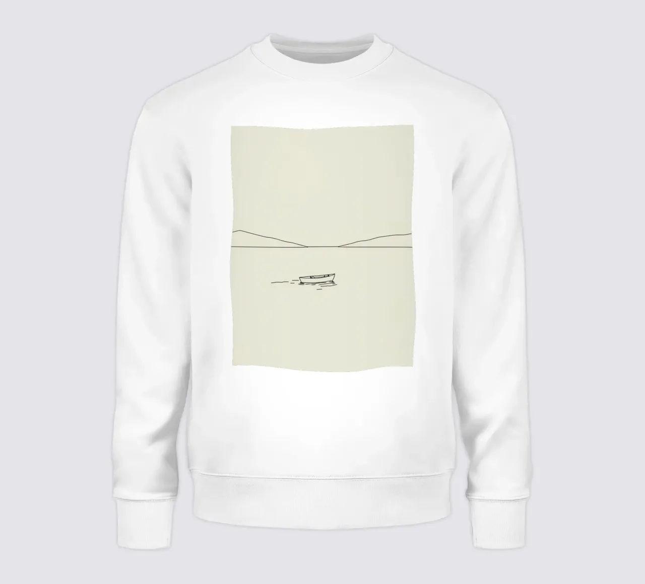 Calm waters reflect distant mountains with a lone boat float sweatshirt by DesignDoodle