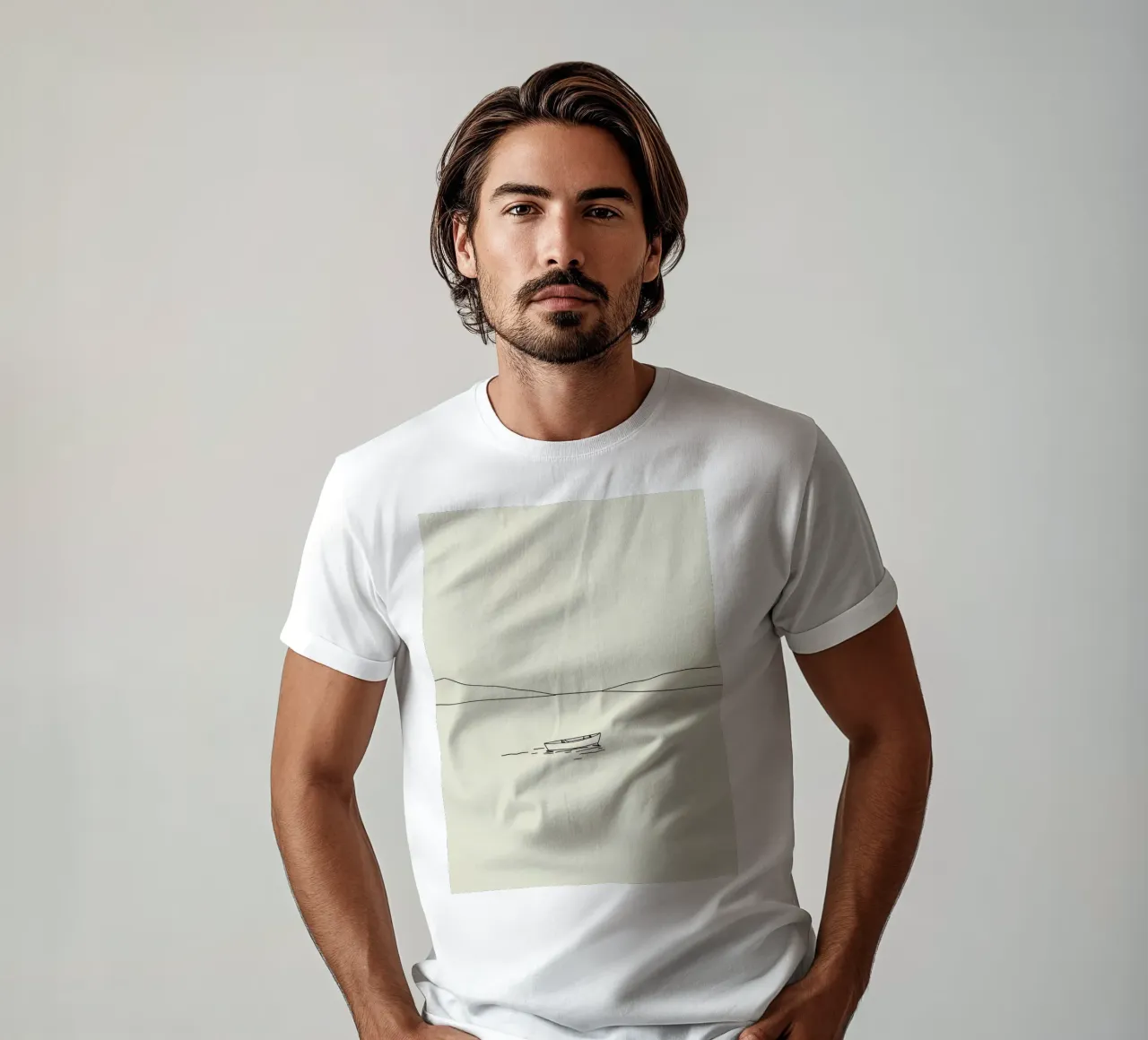 Calm waters reflect distant mountains with a lone boat float t-shirt by DesignDoodle