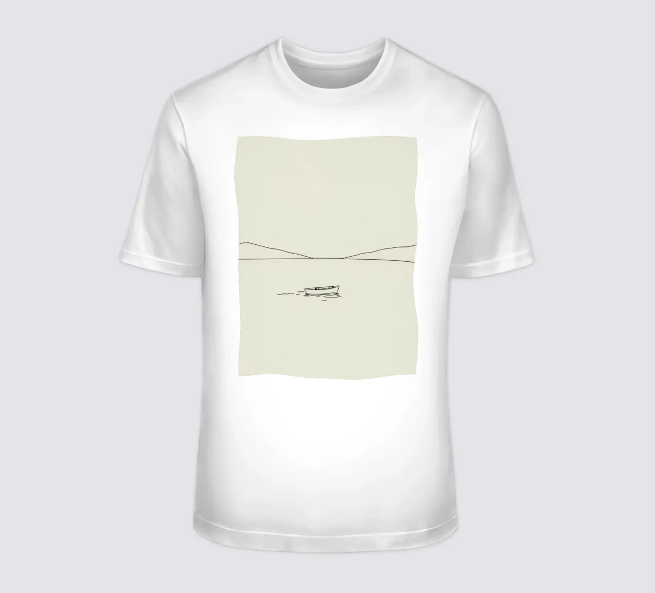 Calm waters reflect distant mountains with a lone boat float t-shirt by DesignDoodle