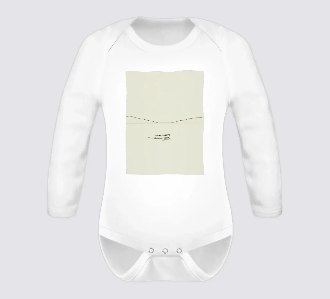 Calm waters reflect distant mountains with a lone boat float long-sleeve baby romper by DesignDoodle