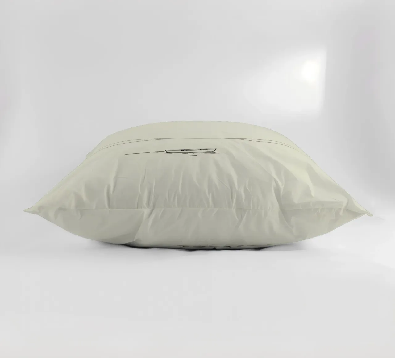 Calm waters reflect distant mountains with a lone boat float decorative cushion by DesignDoodle