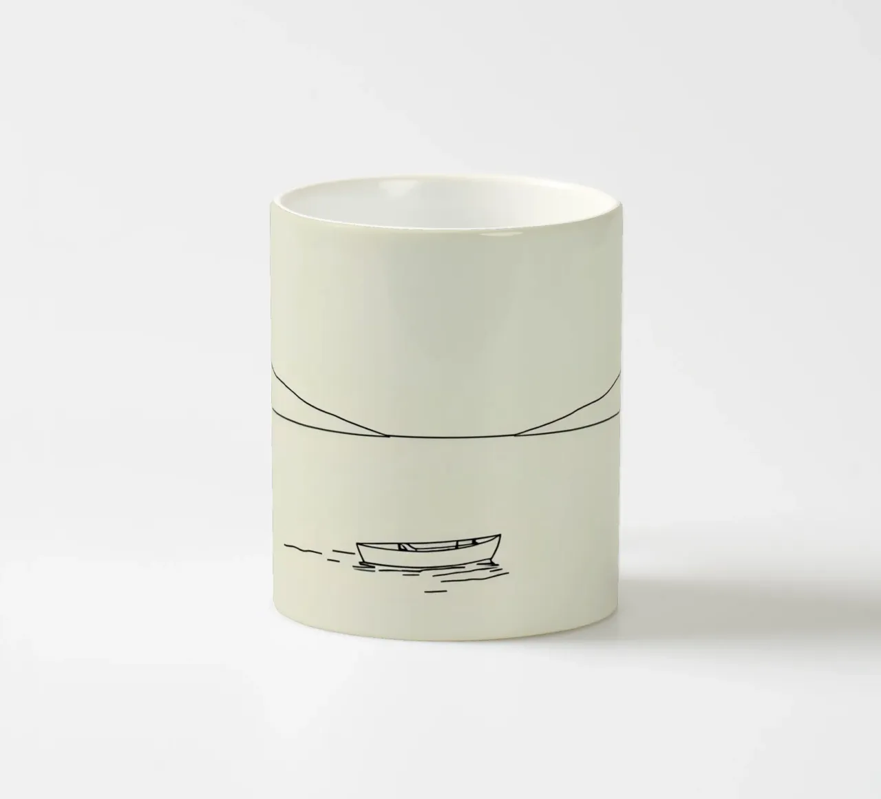 Calm waters reflect distant mountains with a lone boat float ceramic mug by DesignDoodle