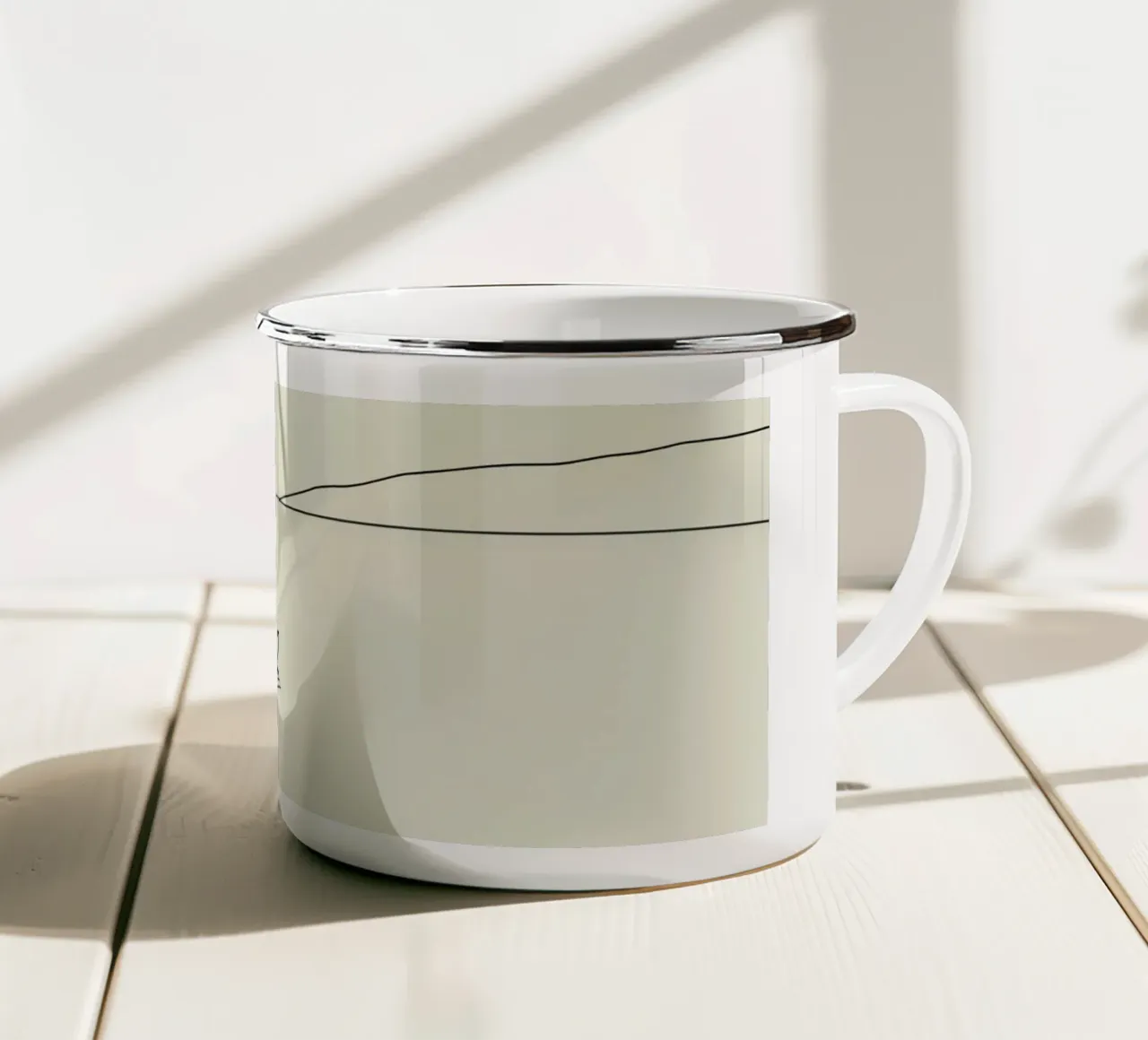 Calm waters reflect distant mountains with a lone boat float enamel mug by DesignDoodle