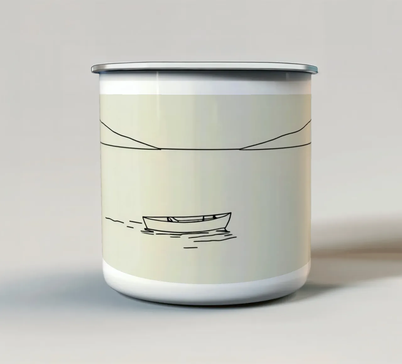 Calm waters reflect distant mountains with a lone boat float enamel mug by DesignDoodle