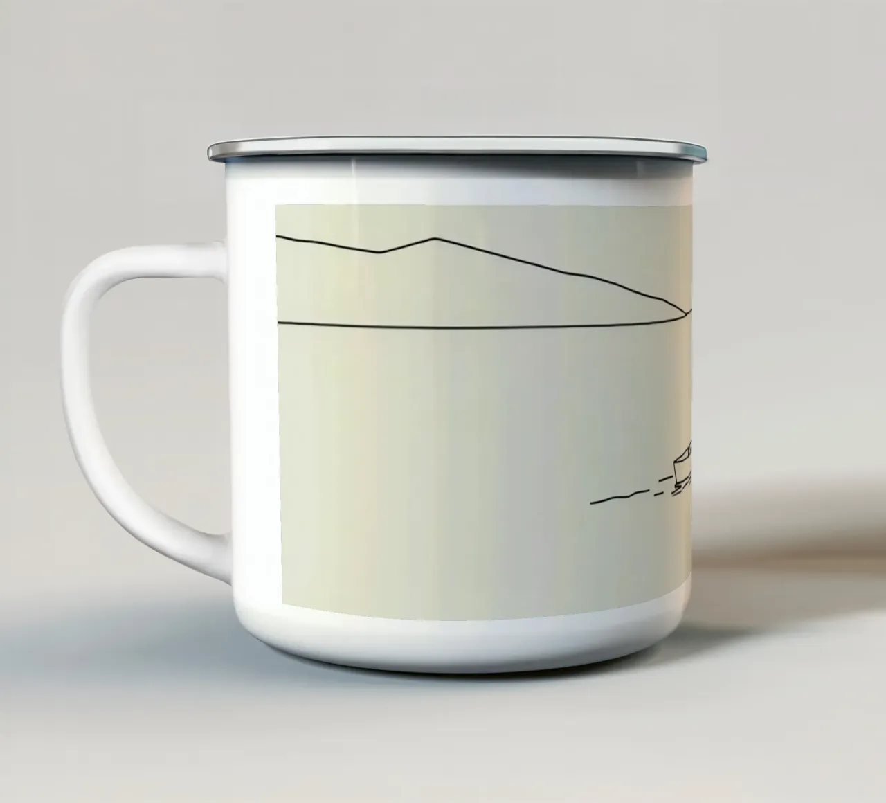 Calm waters reflect distant mountains with a lone boat float enamel mug by DesignDoodle