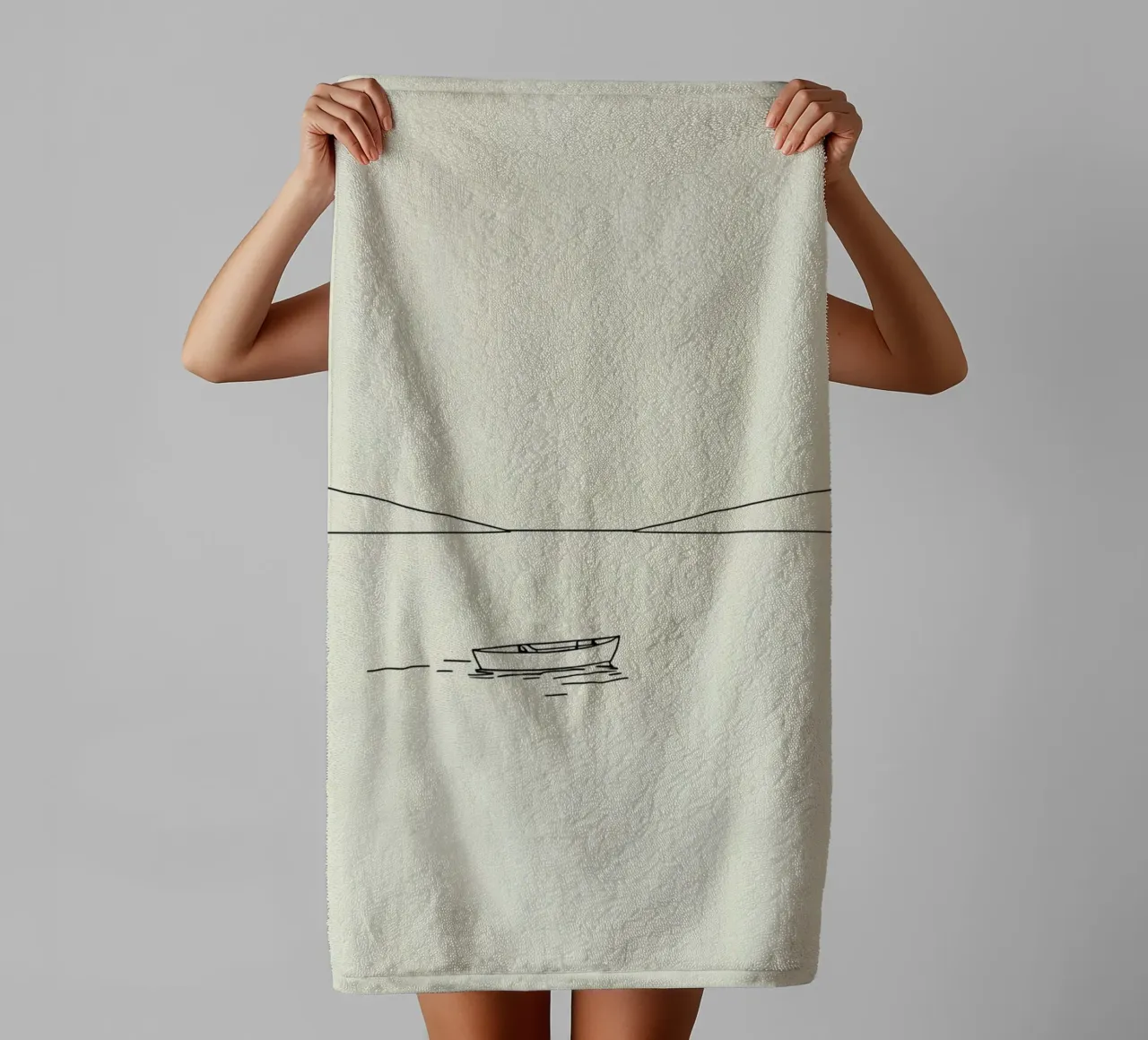 Calm waters reflect distant mountains with a lone boat float towel by DesignDoodle