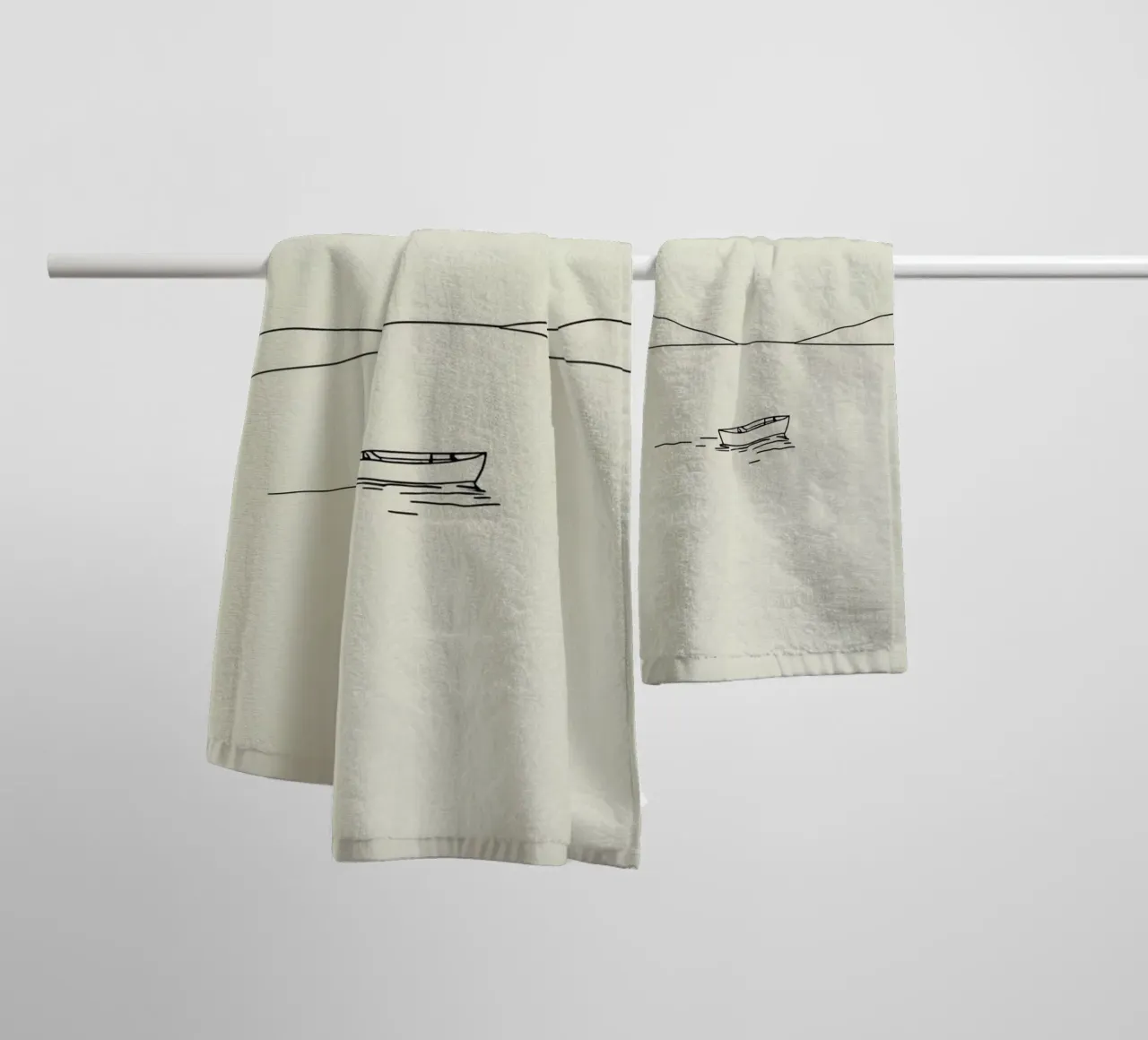 Calm waters reflect distant mountains with a lone boat float towel by DesignDoodle
