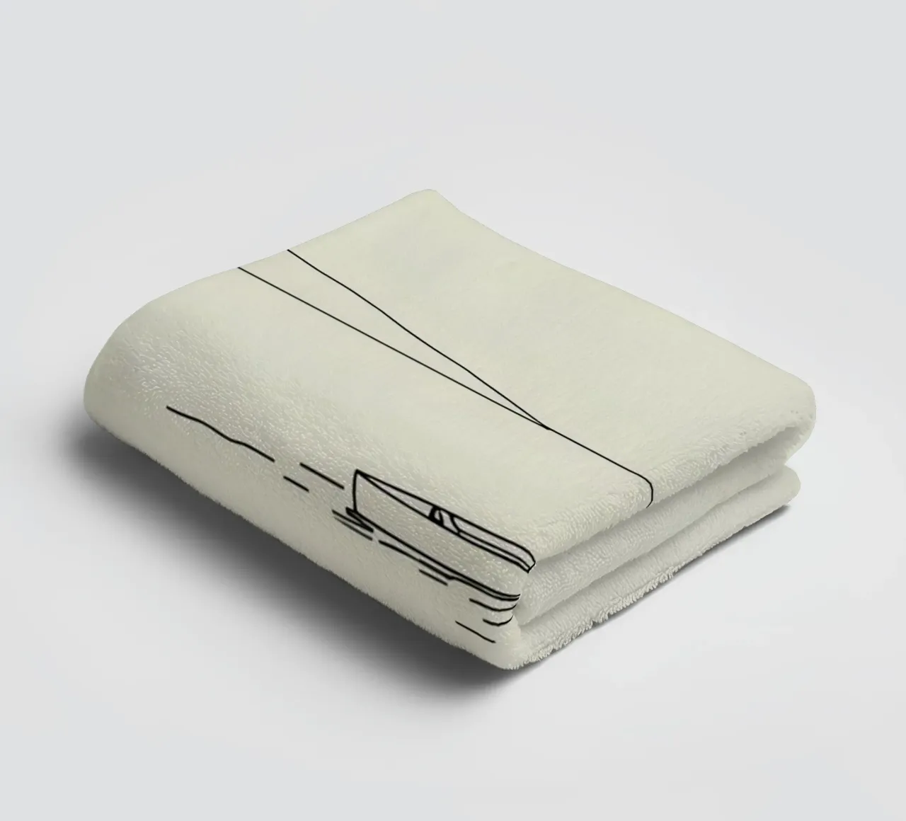 Calm waters reflect distant mountains with a lone boat float towel by DesignDoodle