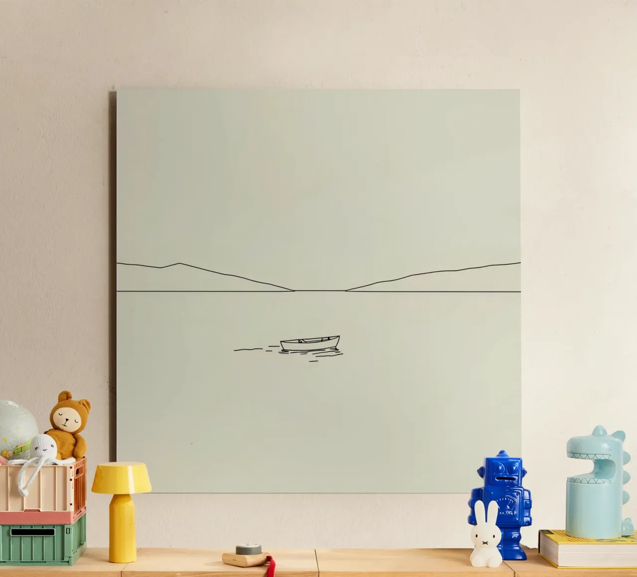 Calm waters reflect distant mountains with a lone boat float forex plate by DesignDoodle