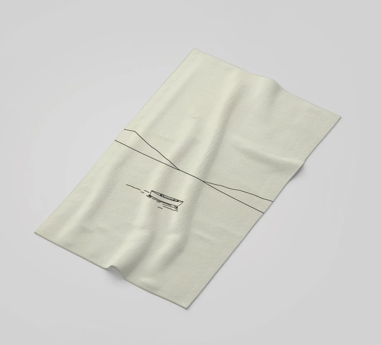 Calm waters reflect distant mountains with a lone boat float beach towel by DesignDoodle