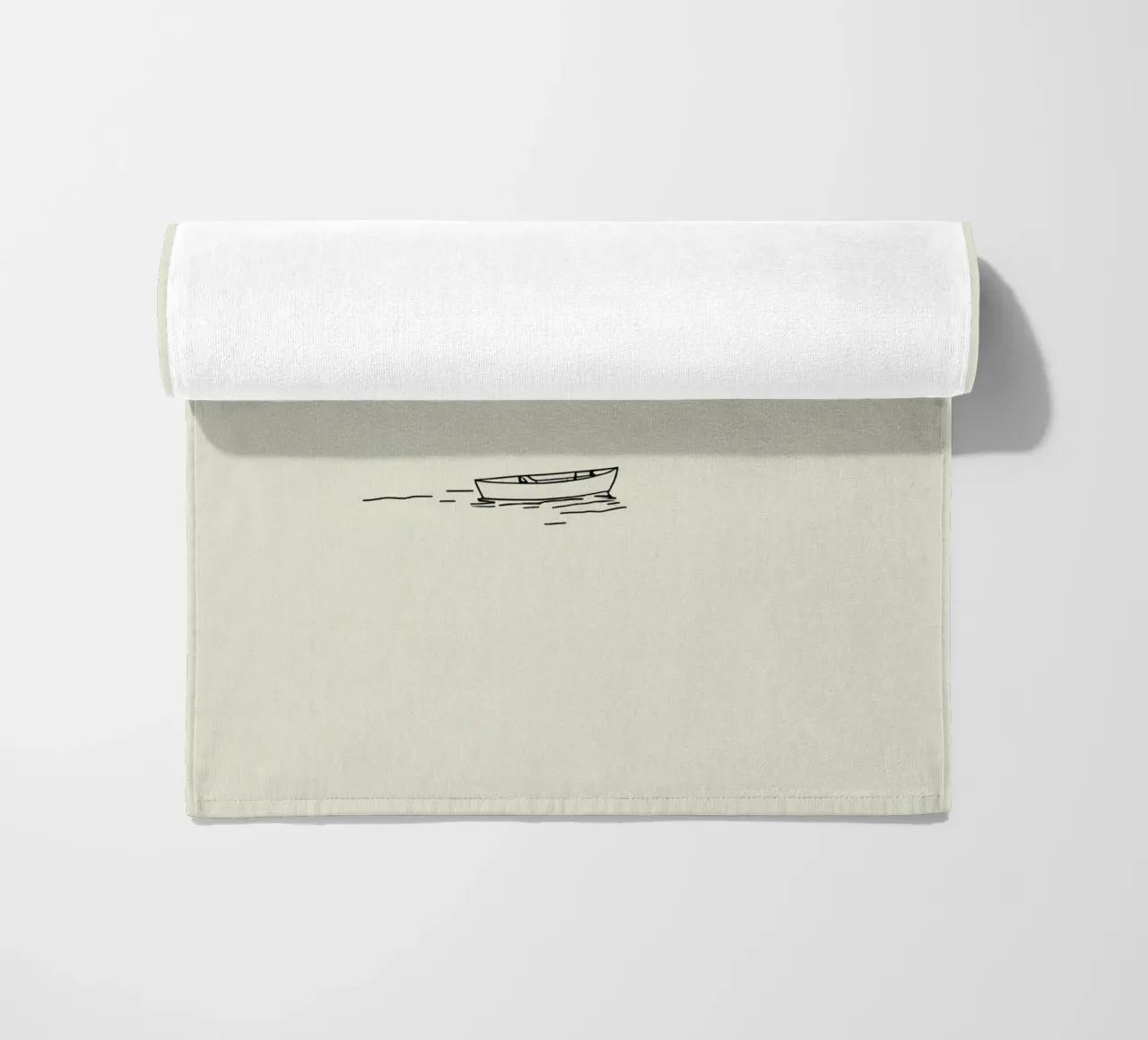 Calm waters reflect distant mountains with a lone boat float beach towel by DesignDoodle
