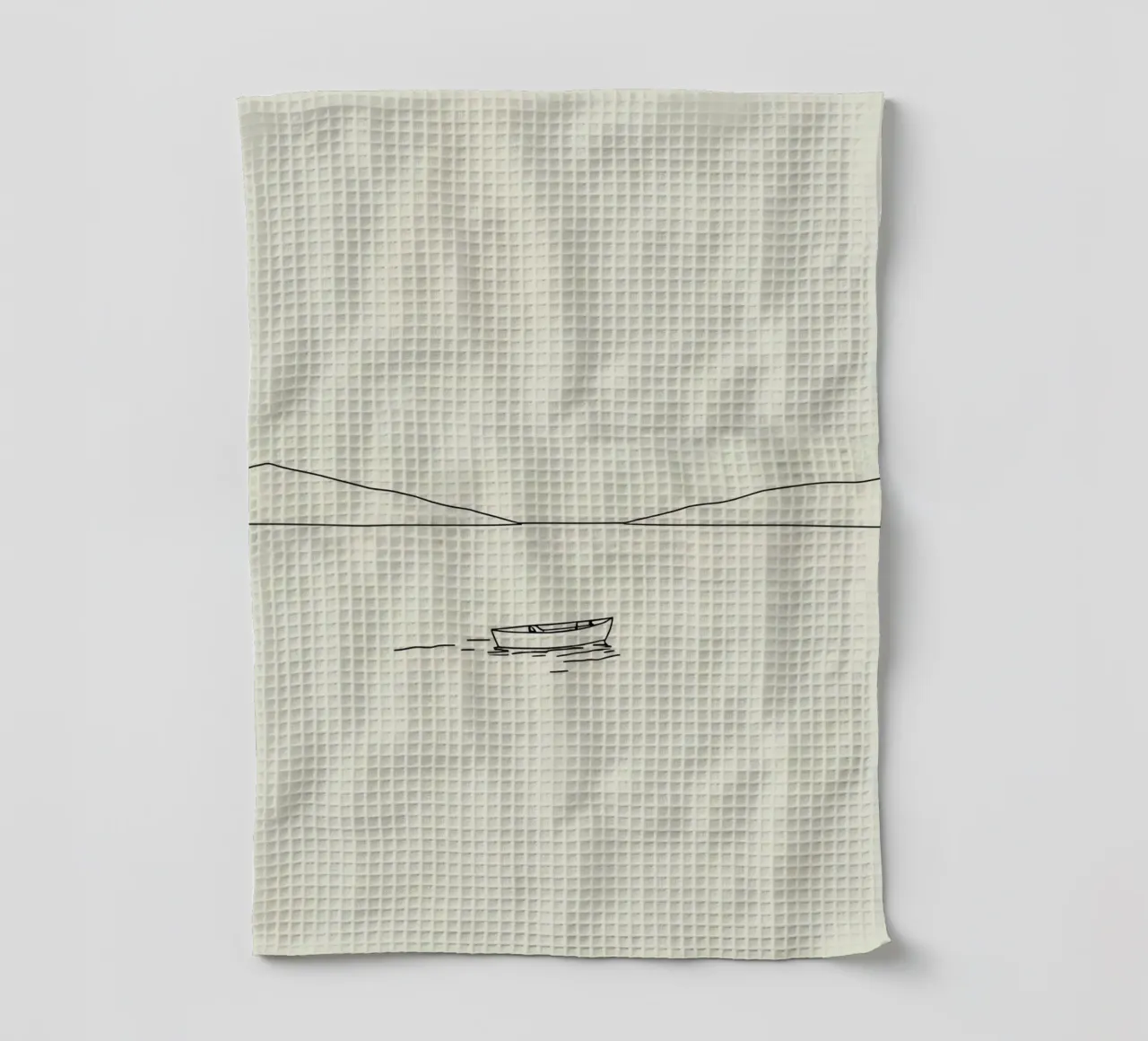 Calm waters reflect distant mountains with a lone boat float tea towel by DesignDoodle