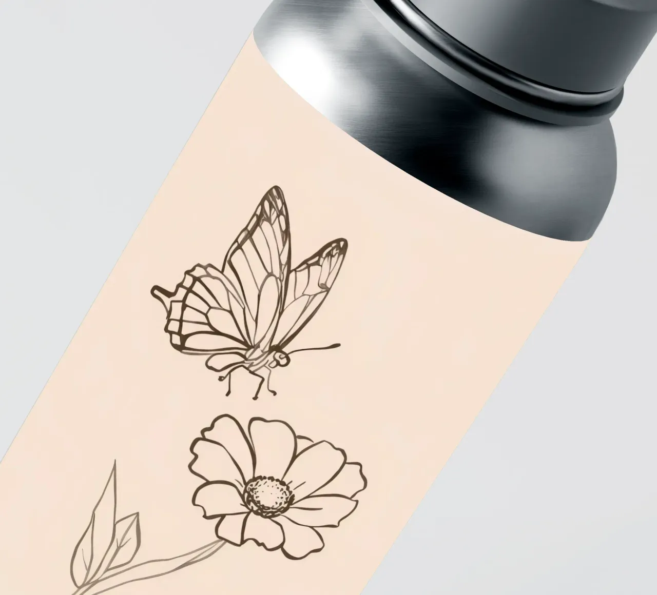 Butterfly flying near flower on a beige background sticker by DesignDoodle