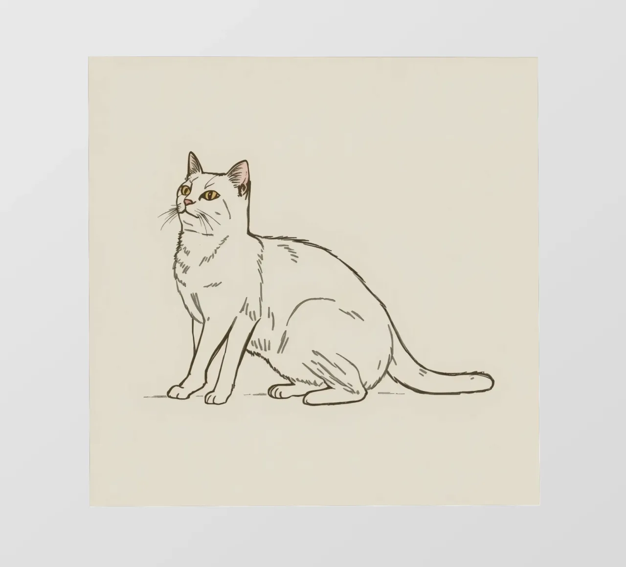 Chat blanc assis avec une expression alerte dans un art minimaliste papier peint photo de DesignDoodle
