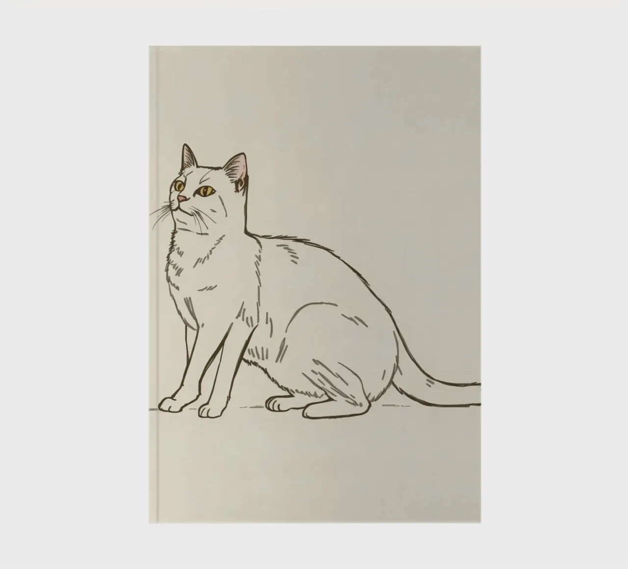 White cat sitting with alert expression in a minimalist art notebook by DesignDoodle