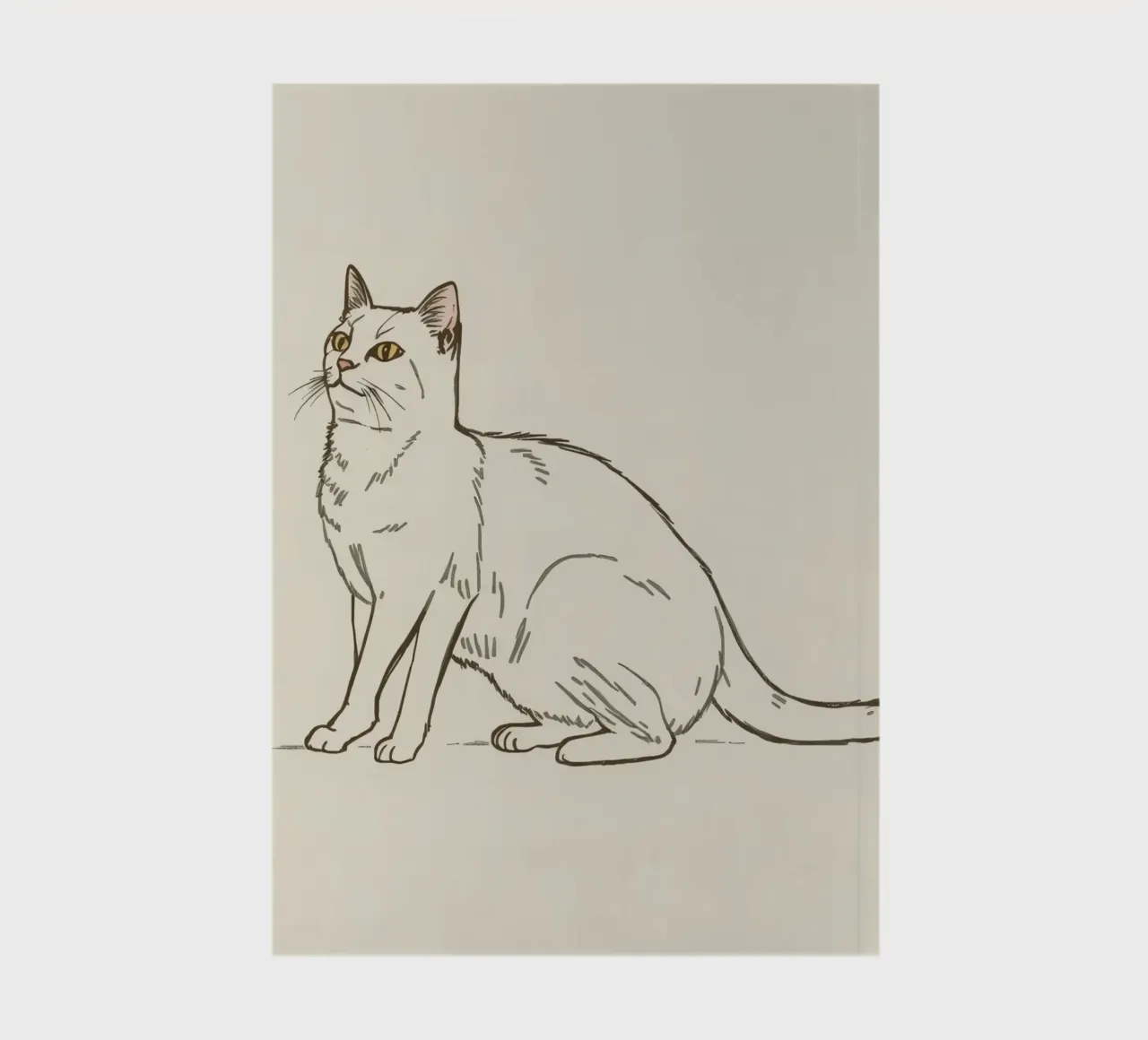 White cat sitting with alert expression in a minimalist art notebook by DesignDoodle