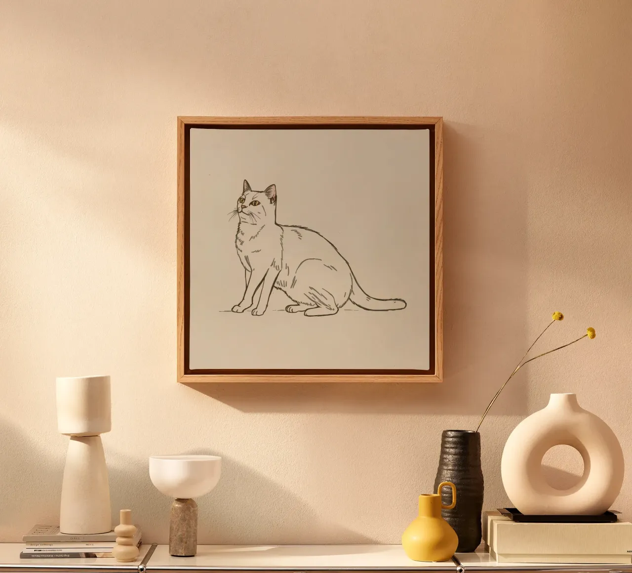 White cat sitting with alert expression in a minimalist art canvas by DesignDoodle