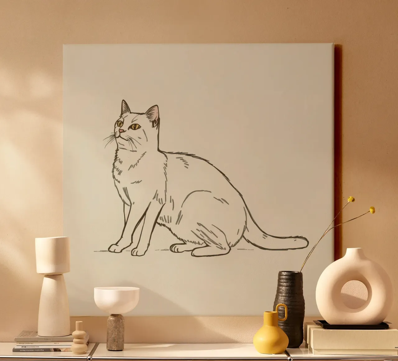 White cat sitting with alert expression in a minimalist art canvas by DesignDoodle