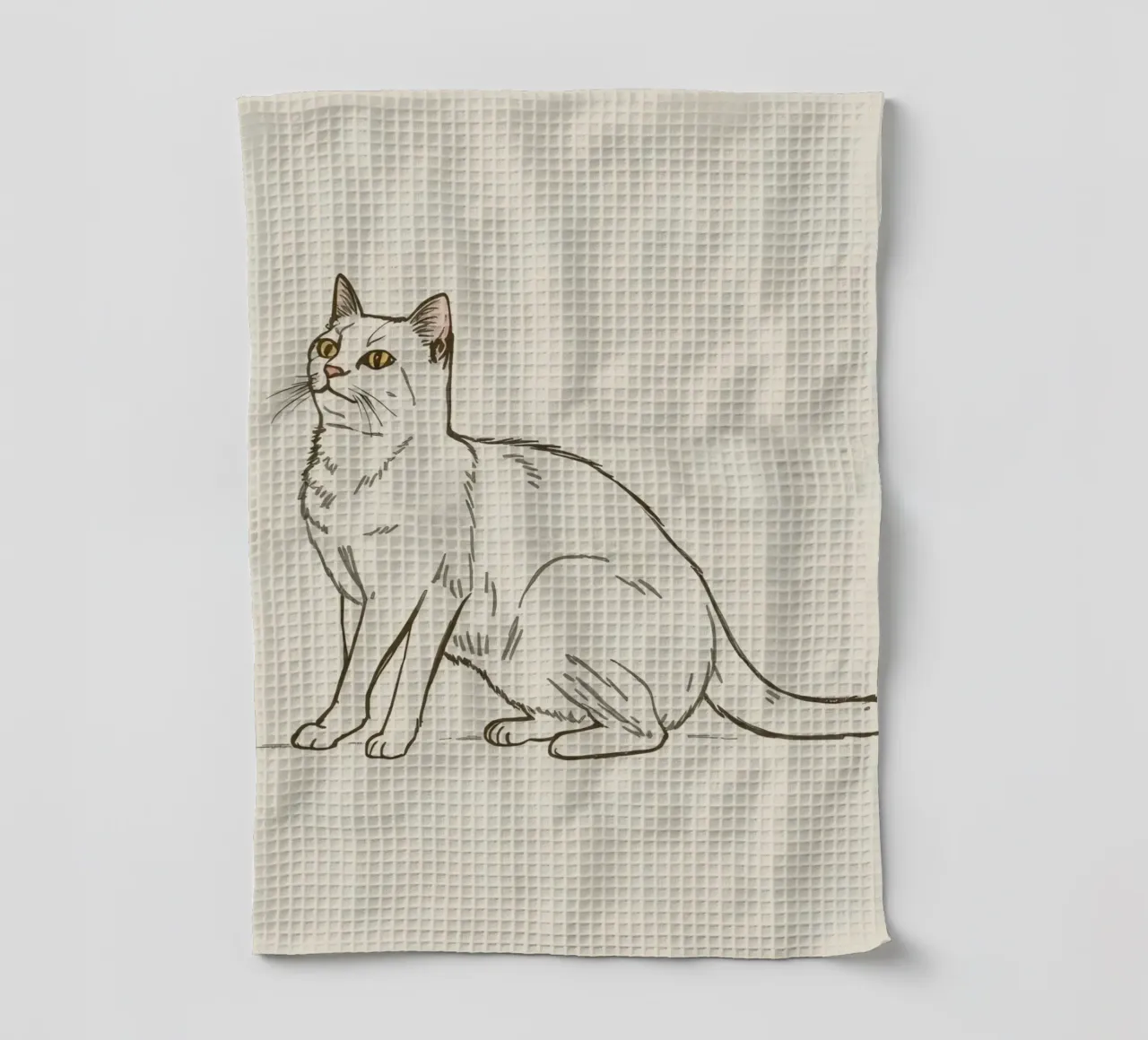 Chat blanc assis avec une expression alerte dans un art minimaliste torchon de DesignDoodle