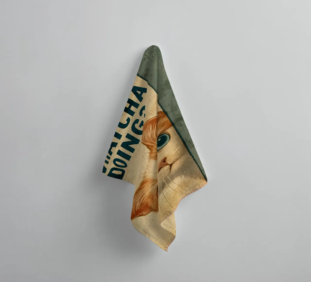 Whatcha Doing_ Curious Cat Peeking towel by Drew Studio