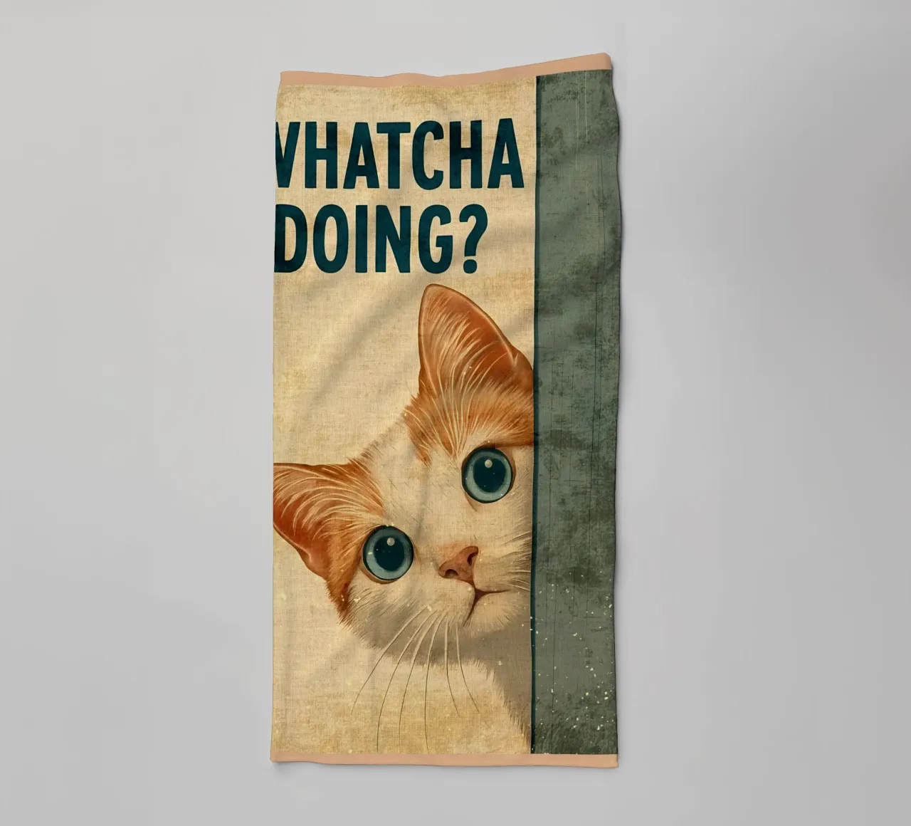 Whatcha Doing_ Curious Cat Peeking towel by Drew Studio