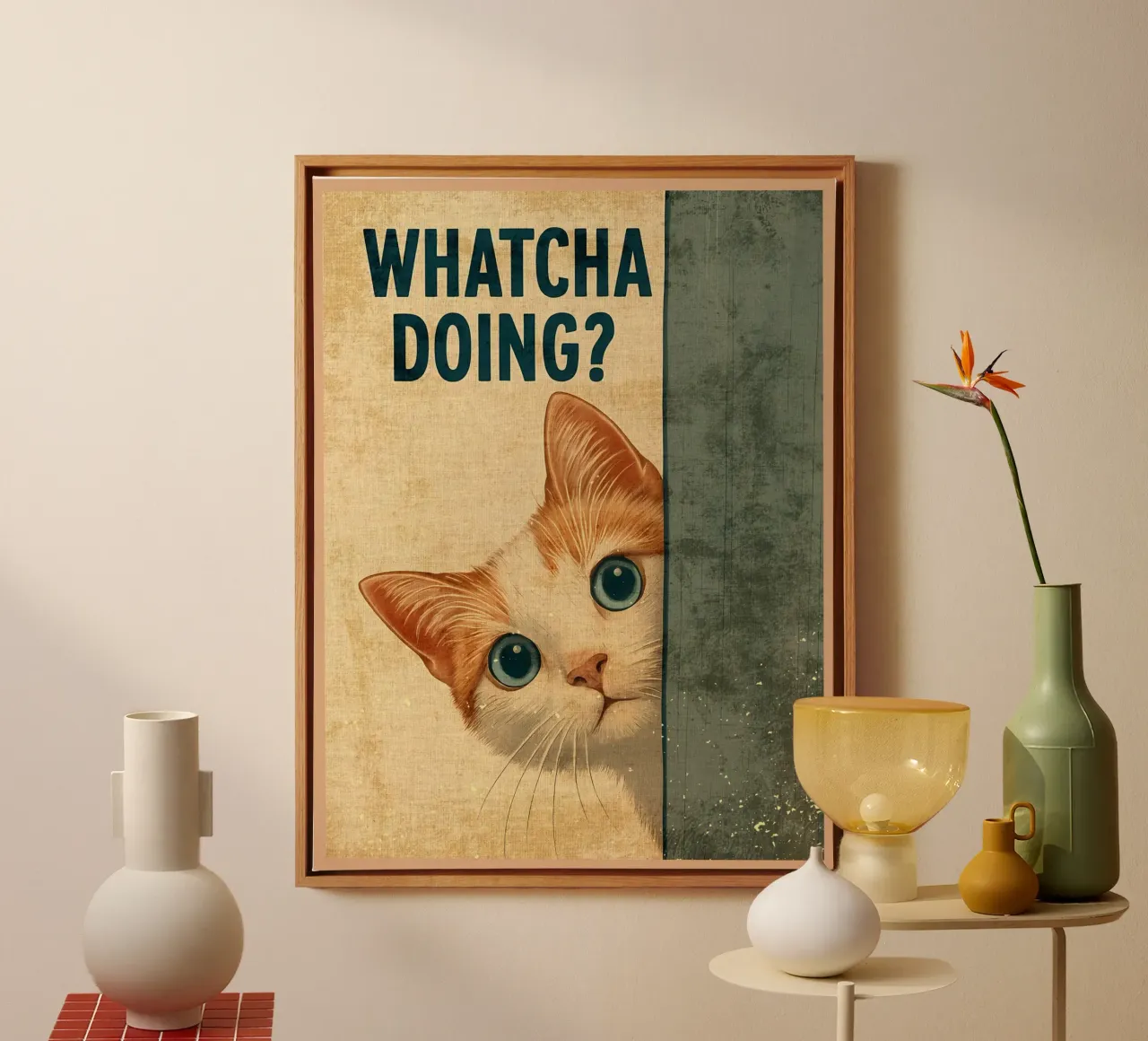 Whatcha Doing_ Curious Cat Peeking canvas by Drew Studio
