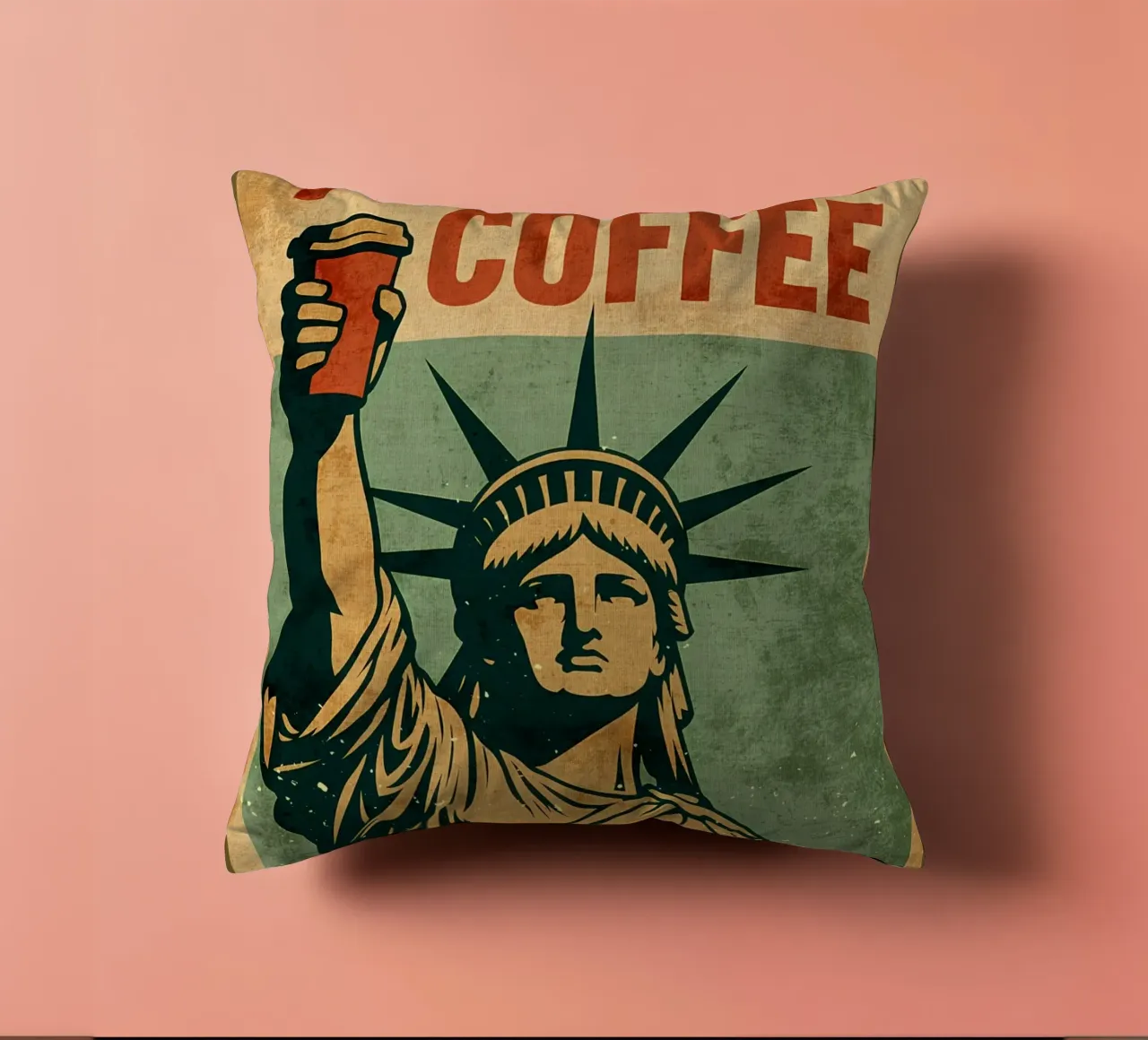 Poster per il caffè con la Statua della Libertà cuscino da Drew Studio