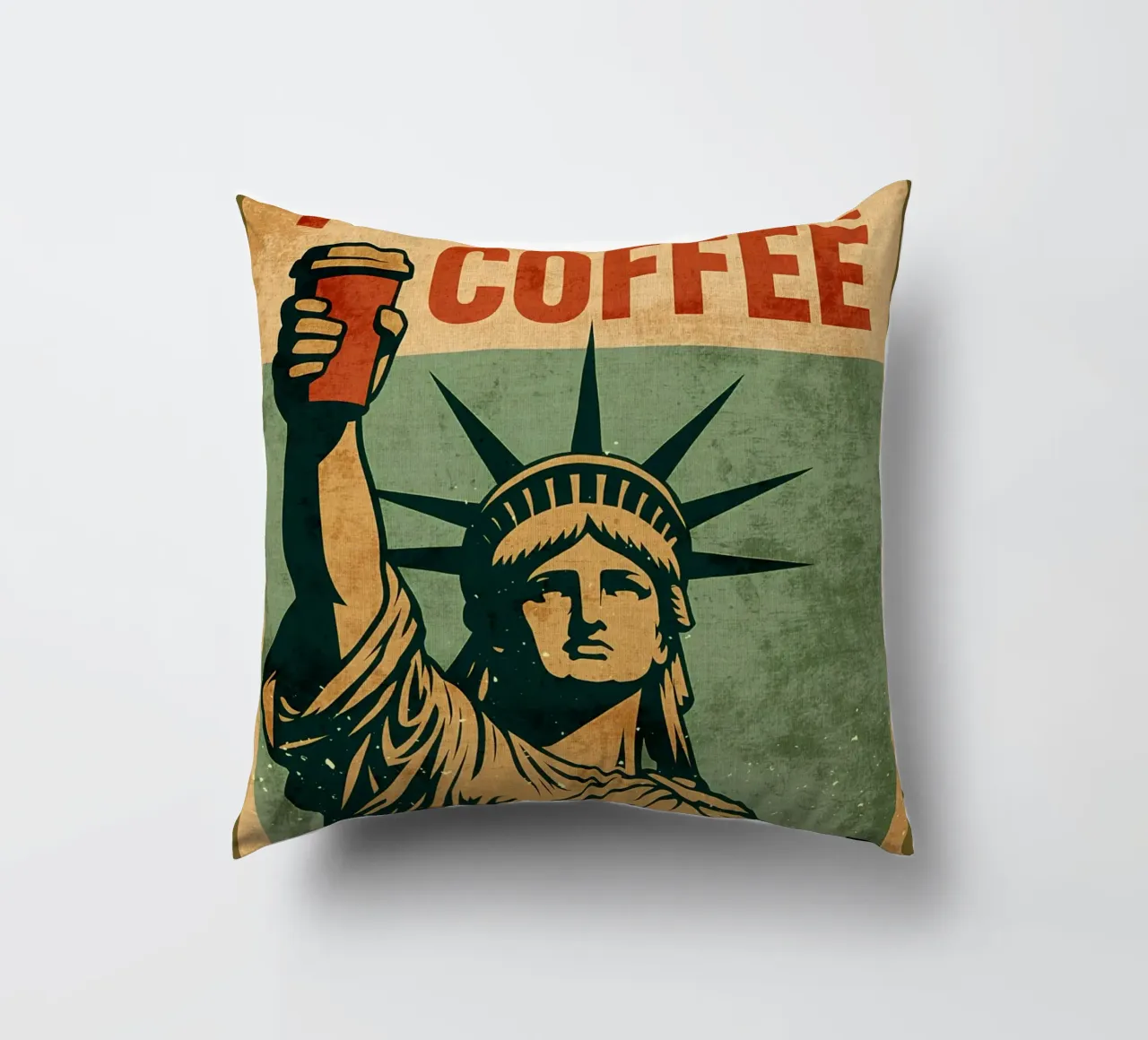 Poster per il caffè con la Statua della Libertà cuscino da Drew Studio