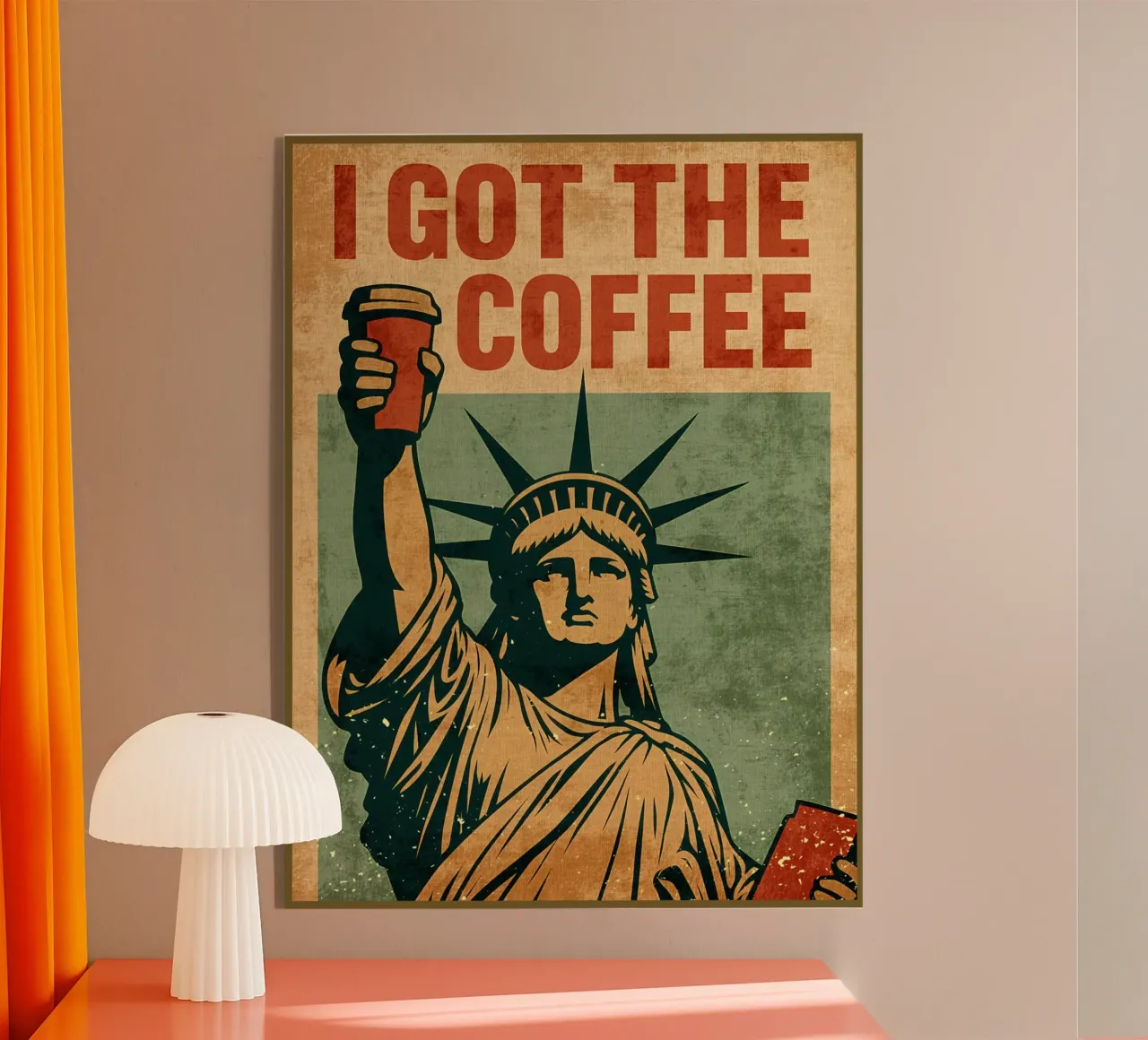 Poster per il caffè con la Statua della Libertà plexiglass da Drew Studio