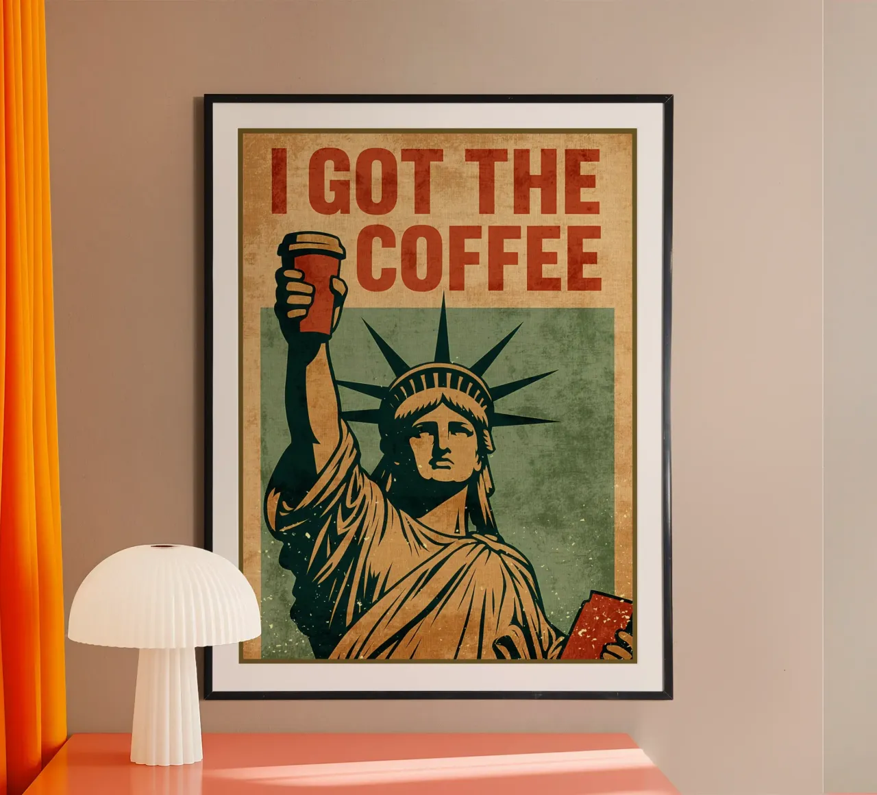 Poster per il caffè con la Statua della Libertà carta hahnemühle da Drew Studio