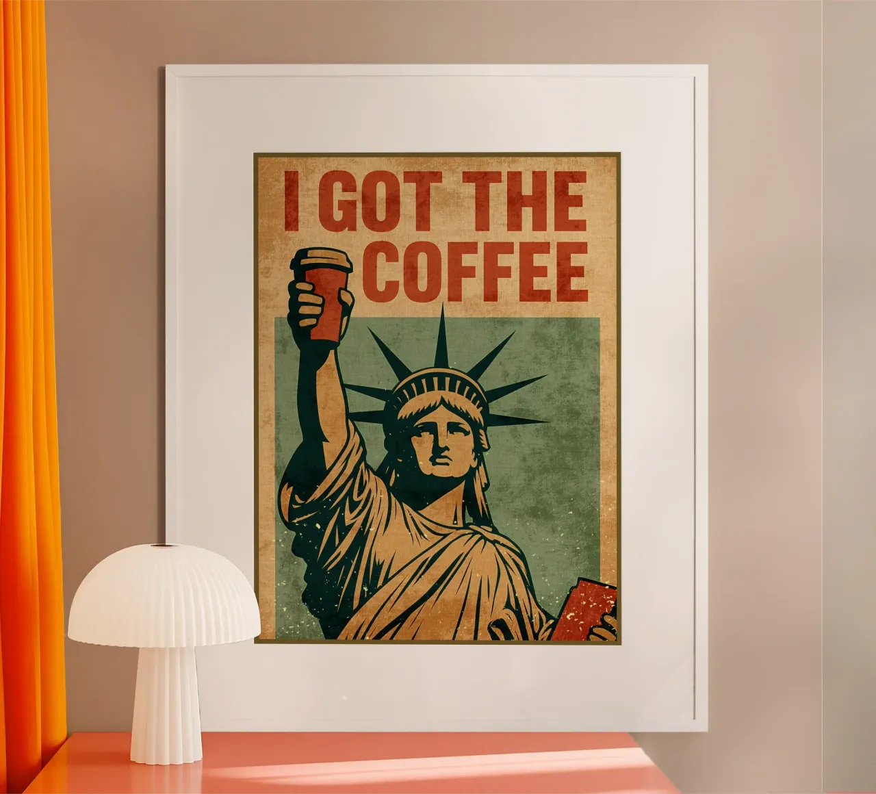 Poster per il caffè con la Statua della Libertà carta hahnemühle da Drew Studio