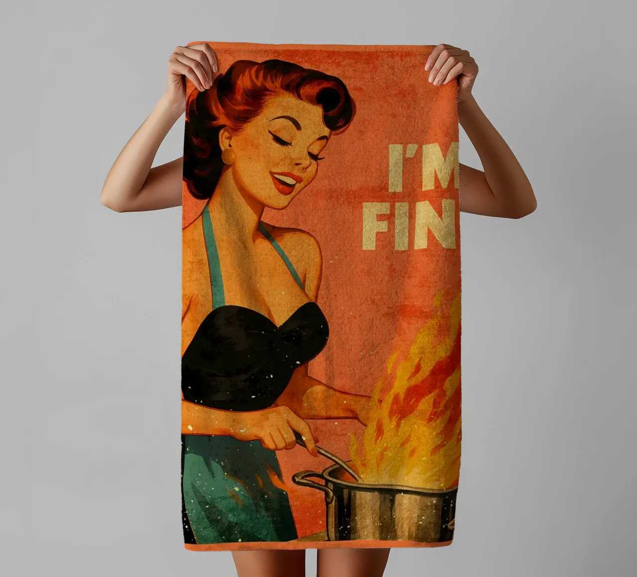 Póster retro de mujer cocinando 'I'm Fine toalla de baño de Drew Studio