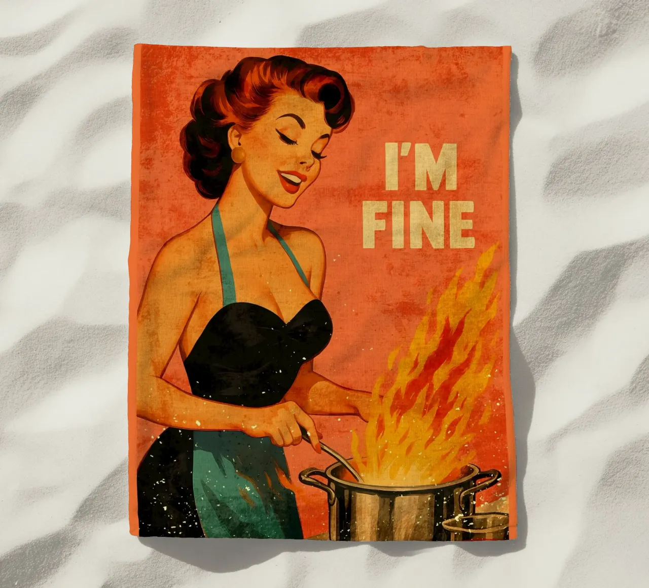 Póster retro de mujer cocinando 'I'm Fine toalla de playa de Drew Studio