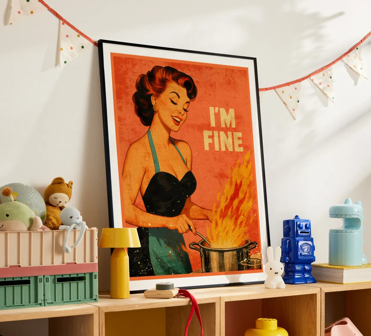 Póster retro de mujer cocinando 'I'm Fine hahnemühle de Drew Studio