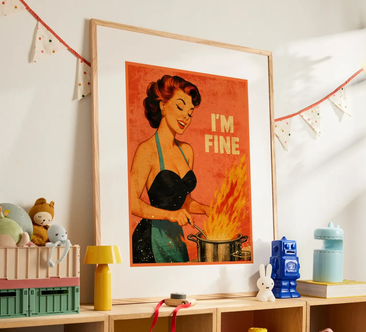 Póster retro de mujer cocinando 'I'm Fine hahnemühle de Drew Studio