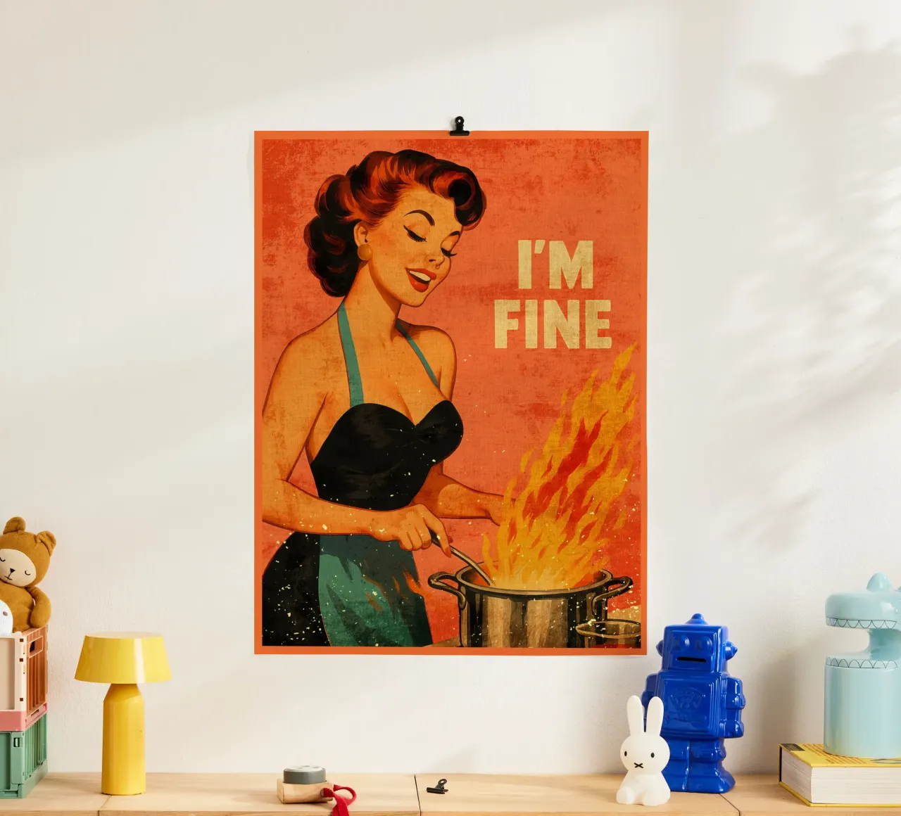 Póster retro de mujer cocinando 'I'm Fine hahnemühle de Drew Studio