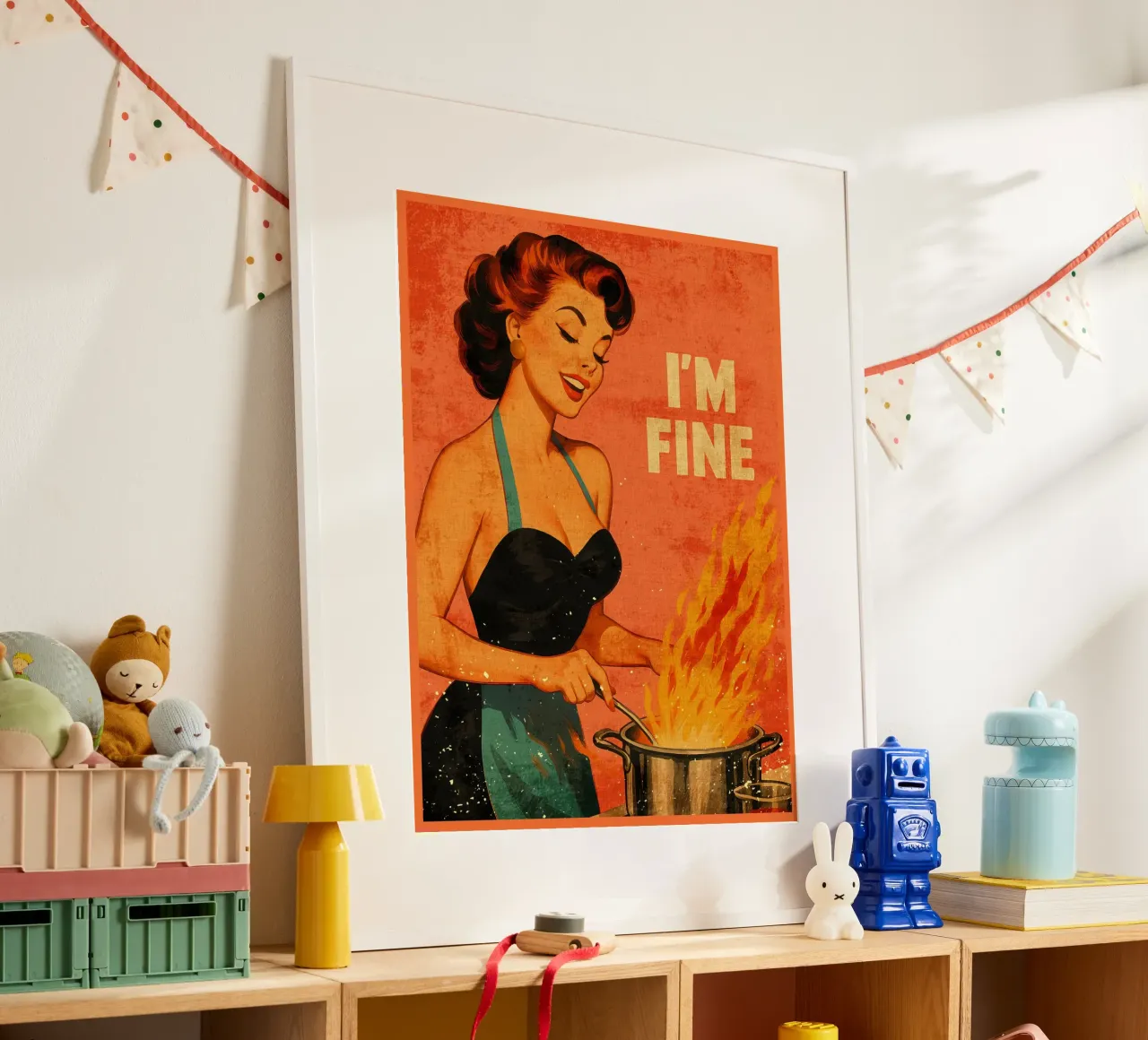 Póster retro de mujer cocinando 'I'm Fine hahnemühle de Drew Studio