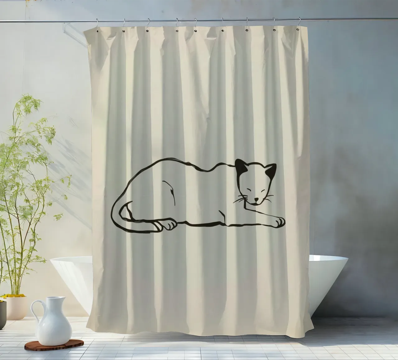 Relaxed cat resting comfortably with eyes closed shower curtain by DesignDoodle