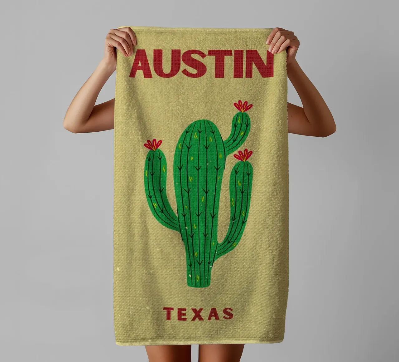 Illustrazione di cactus di Austin Texas asciugamano da bagno da Drew Studio