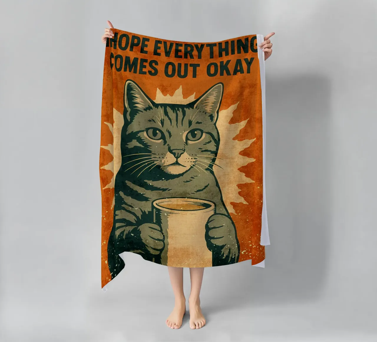 Gatto con caffè - Messaggio di speranza per la toilette telo mare da Drew Studio