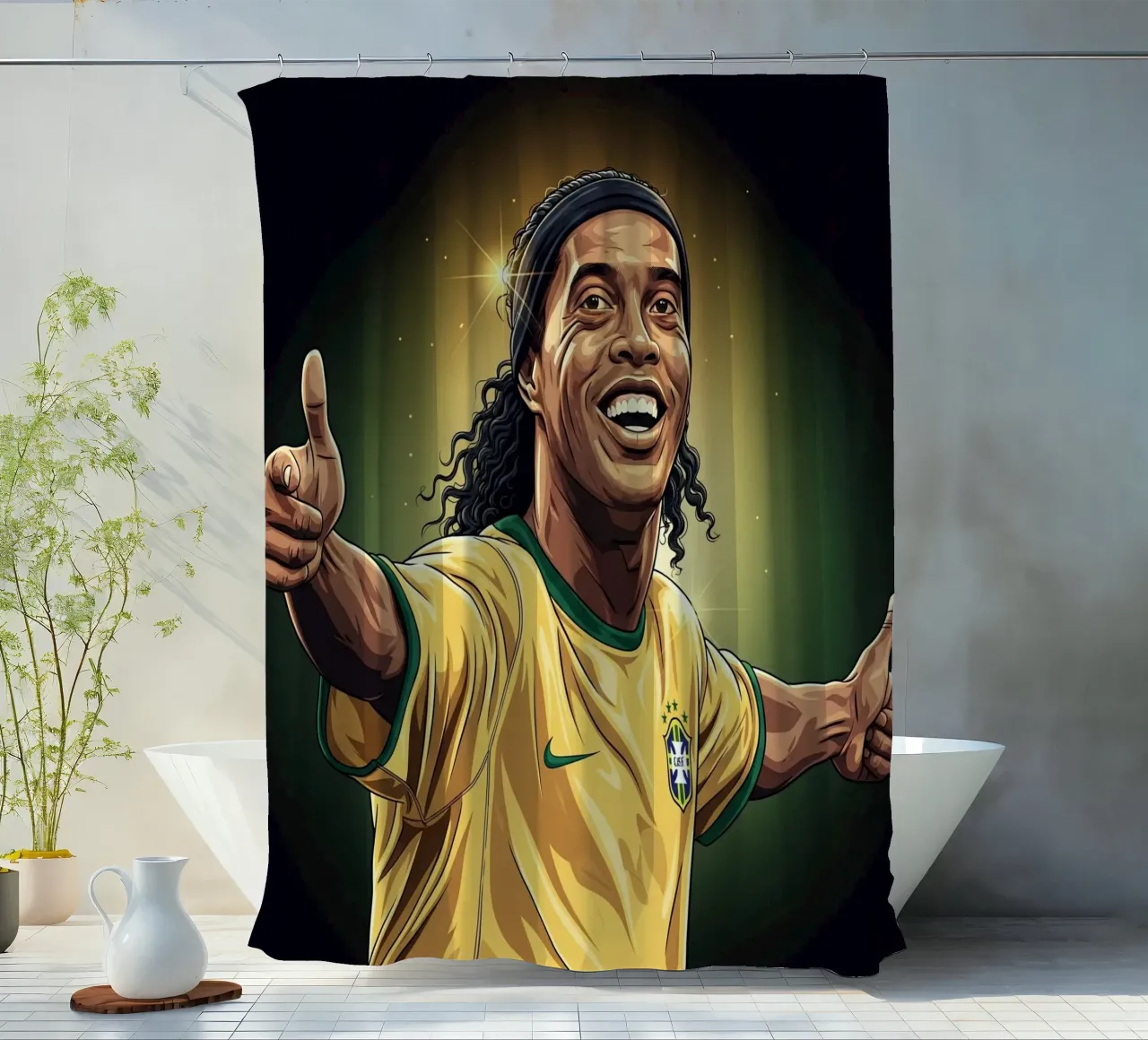 Ronaldinho with iconic smile shower curtain by Lembayung art