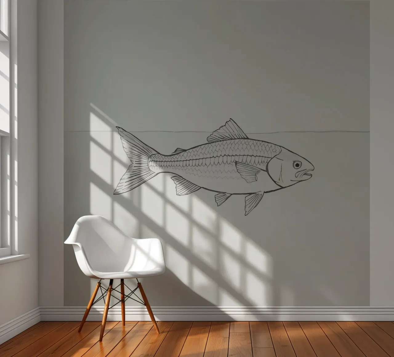 Poisson nageant dans une zone d'eau calme sur un fond simple papier peint photo de DesignDoodle