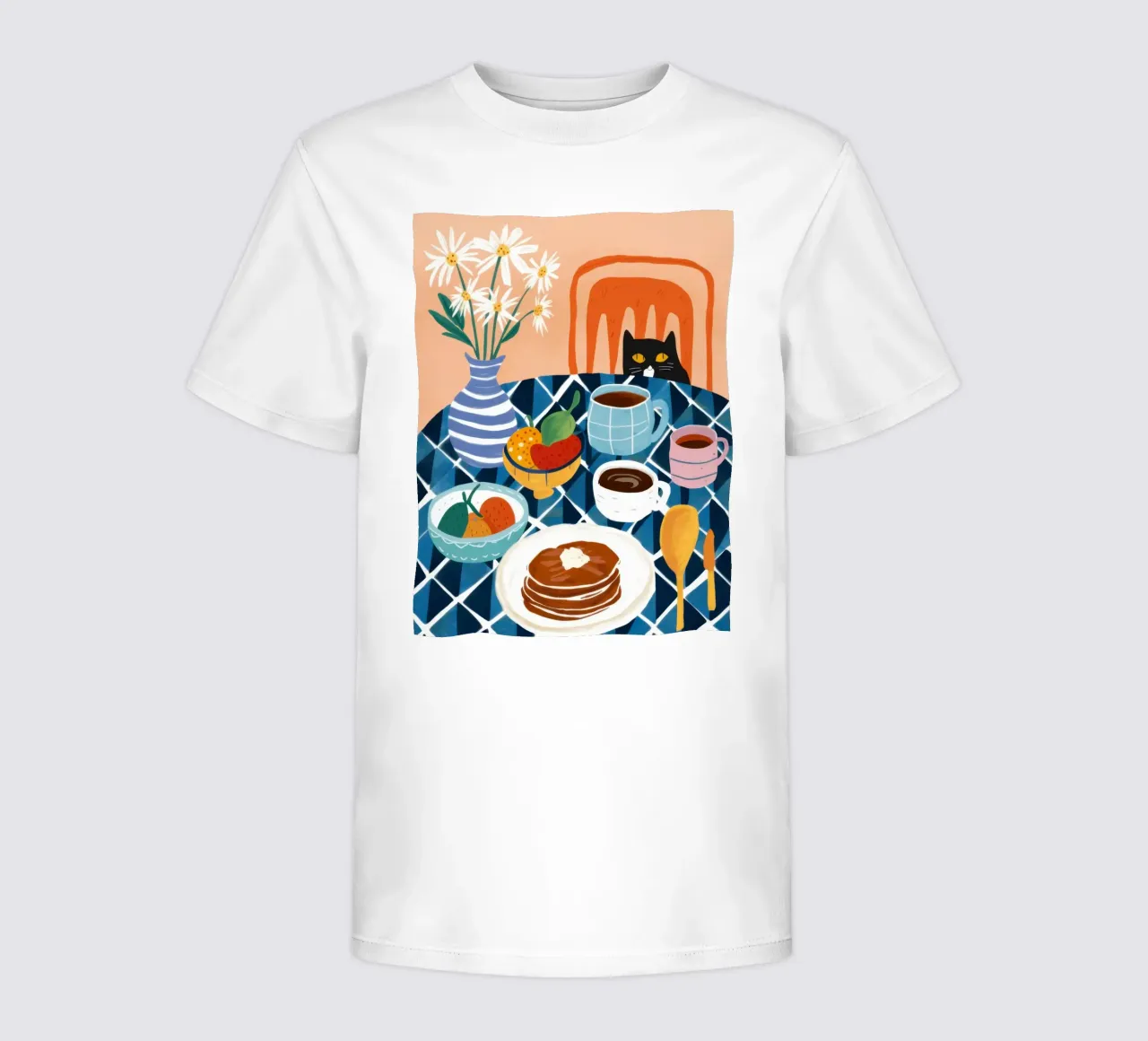 Pancakes and Cat Breakfast kids t-shirt by Flock Reverie