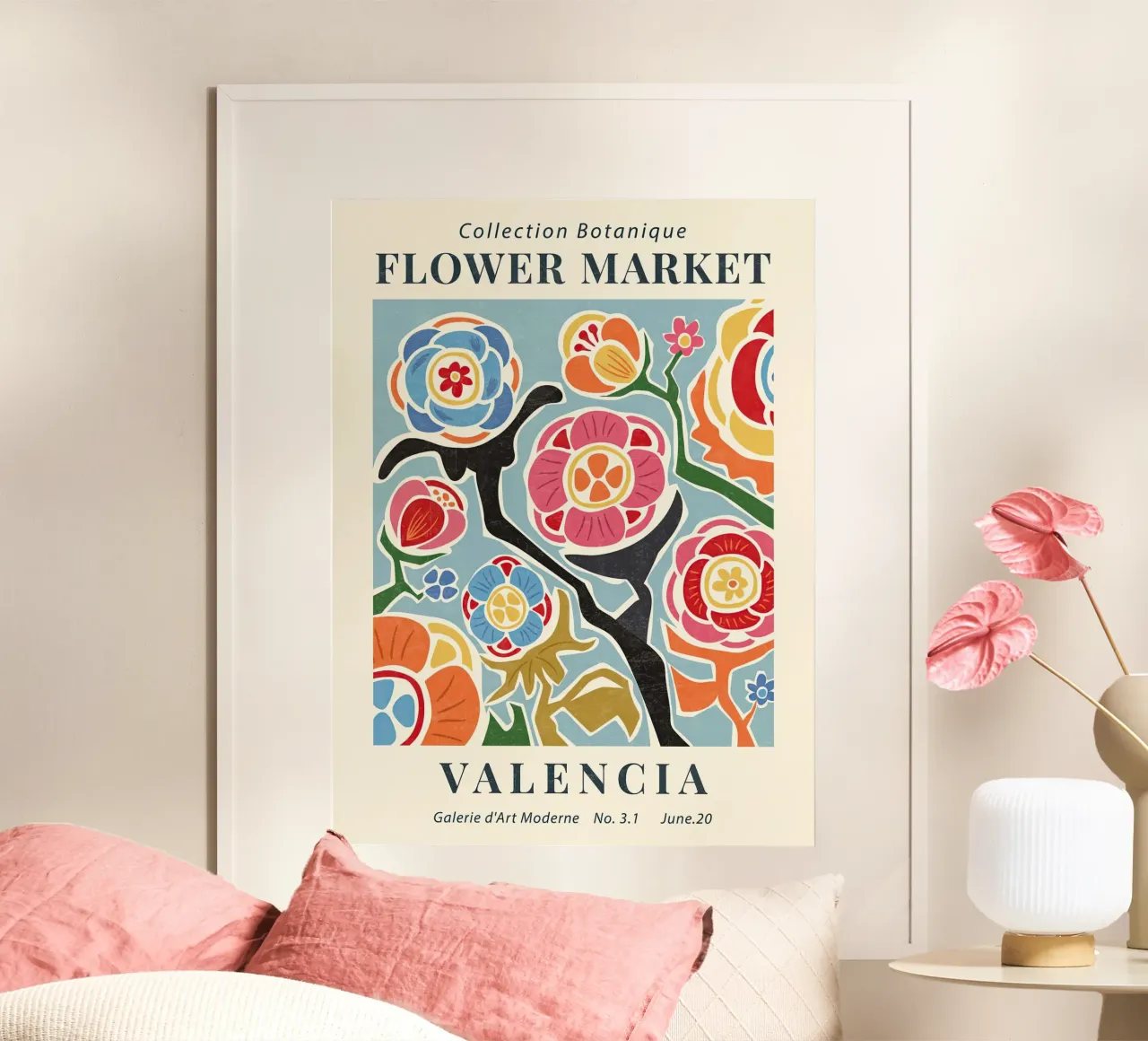 Mercato dei fiori di Valencia poster con telaio in legno da TekleDawit
