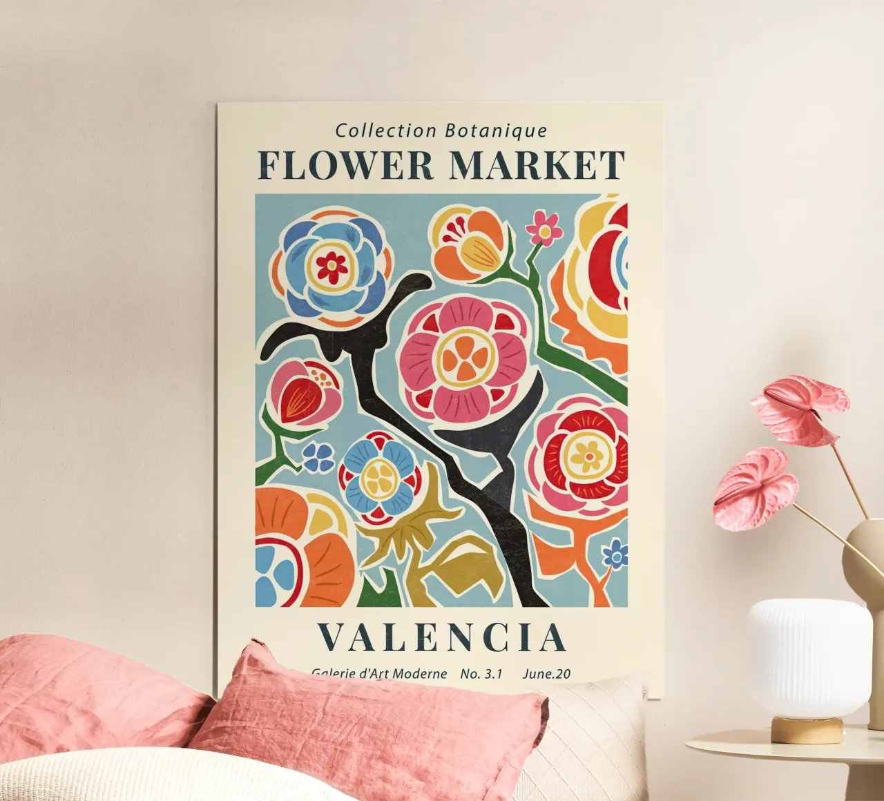 Mercato dei fiori di Valencia poster con telaio in legno da TekleDawit
