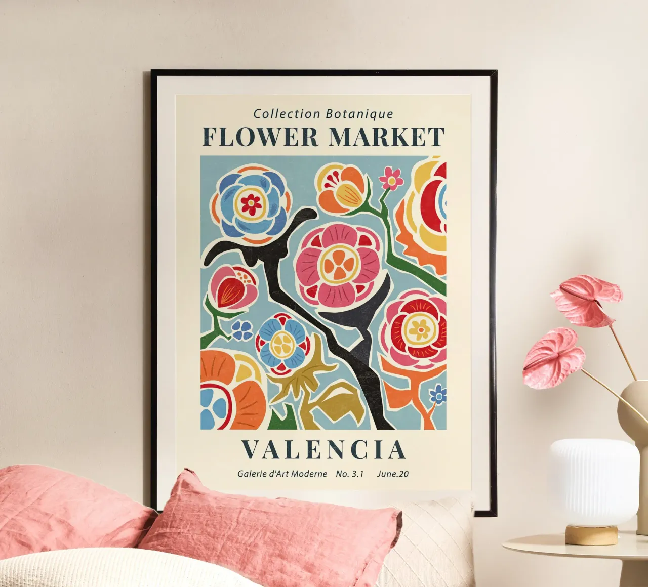 Mercato dei fiori di Valencia poster con telaio in legno da TekleDawit